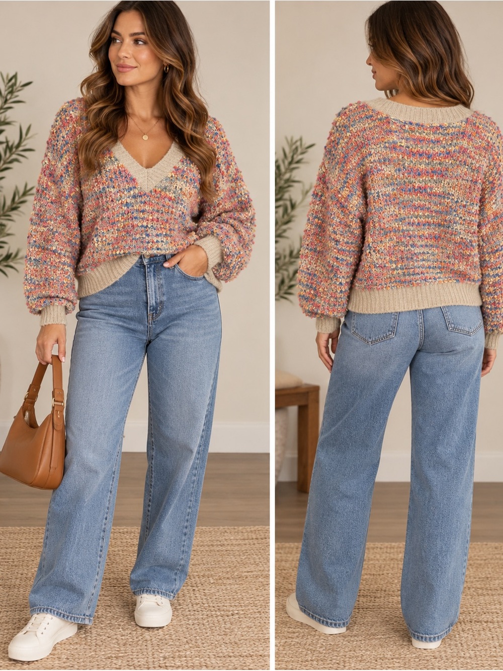 Storia Multicolor Fuzzy Confetti Chunky Knit V-Neck Sweater Size M